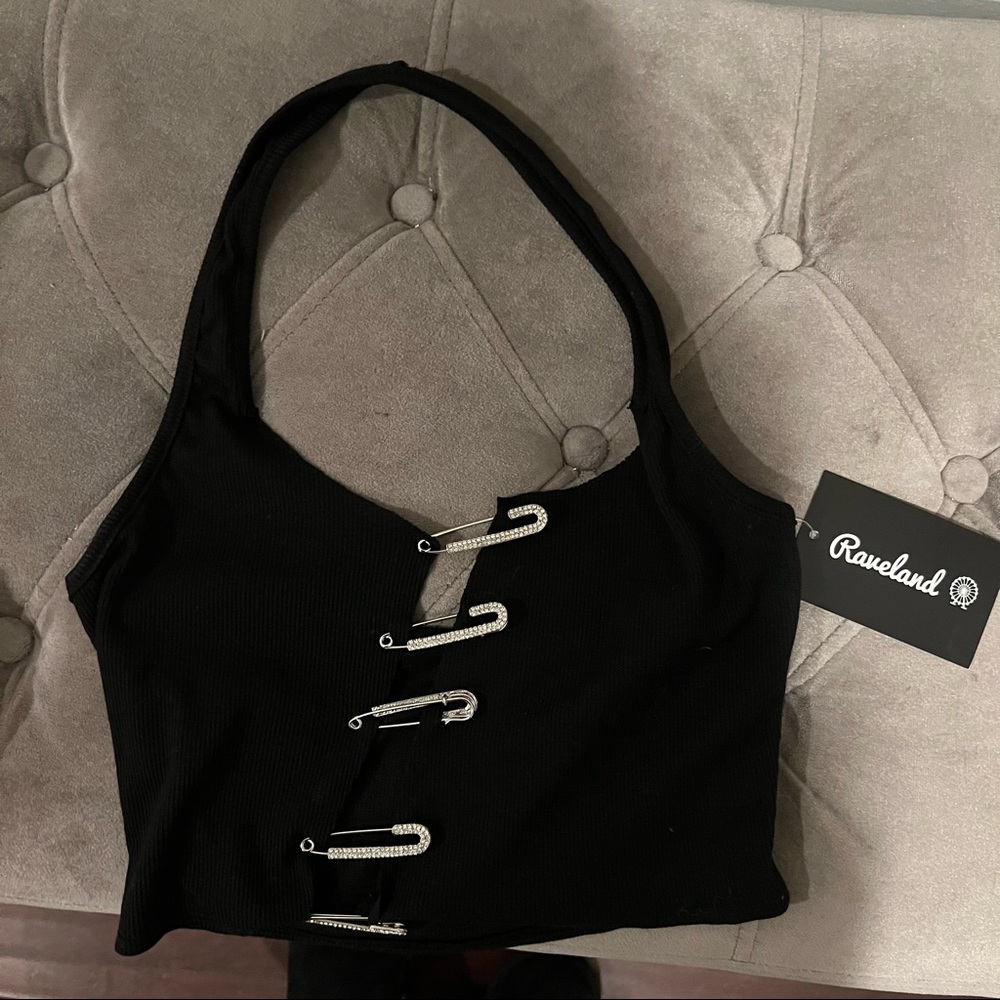 Bedazzled paper clip black halter tank top